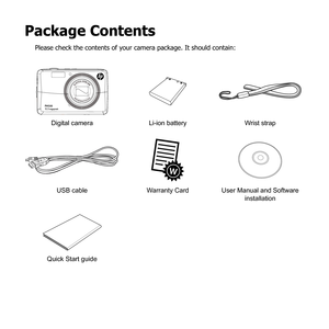 Page 121
Package Contents
Please check the contents of your camera package. It should contain: 
Digital cameraLi-ion batteryWrist strap
USB cableWarranty CardUser Manual and Software 
installation
Quick Start guide 