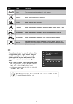 Page 3228
IconItem Description
Auto The camera automatically adjusts the white balance.
DaylightIdeally used for bright sunny conditions.
CloudyIdeally used for cloudy conditions.
TungstenIdeally used for indoor photos with tungsten or halogen lighting without a flash. 
Fluorescent 1Ideally used for indoor photos with reddish fluorescent lighting conditions.
Fluorescent 2Ideally used for indoor photos with bluish fluorescent lighting conditions.
Manual Used when light source cannot be specified. Press the...
