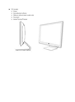 Page 8■CD included:
❏Drivers
❏Auto-adjustment software
❏Webcam software (select models only)
❏Documents
❏Adobe® Acrobat® Reader
 