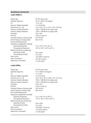 Page 37model 2309m/v
Display Type:
Viewable Image Size:
Tilt:
Maximum Weight (unpacked):
Dimensions (h x w x d)
Maximum Graphics Resolution:
Optimum Graphics Resolution:
Tex t  M o d e :
Dot Pitch:
Horizontal Frequency (analog mode):
Vertical Frequency (analog mode):
Environmental Requirements
Temperature (independent of altitude)
Operating Temperature:
Non-operating Temperature:
Relative Humidity (non-condensing):
Operating Humidity:
Non-operating Humidity:
Powe r  S o u rc e :
Power Consumption:
Sleep Power...