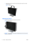 Page 182.Adjust the tilt by moving the top edge of the monitor either toward or away from you, without
touching the screen.
Figure 3-7  Tilt Adjustment
Adjusting the Swivel
The monitor allows a usable range of motion with the swivel feature.
Figure 3-8  Swivel Adjustment
CAUTION:To avoid breakage or other damage, avoid applying pressure to the LCD screen while
swiveling it or changing the tilt.
12 Chapter 3   Setting Up the Monitor ENWW
 