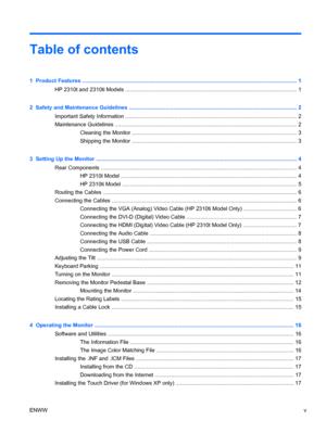 Page 5Table of contents
1  Product Features ............................................................................................................................................ 1
HP 2310t and 2310ti Models ................................................................................................................ 1
2  Safety and Maintenance Guidelines .............................................................................................................. 2
Important Safety Information...