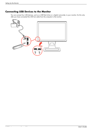 Page 18Setting Up the Monitor
3–8 Features may vary by model.User’s Guide
Connecting USB Devices to the Monitor
You can connect four USB devices, such as a USB flash drive or a digital camcorder, to your monitor. Do this only 
after you have connected the USB hub cable from the computer to the monitor.
 