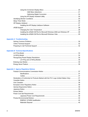 Page 6Using the On-Screen Display Menu ..................................................................................  20
OSD Menu Selections ....................................................................................... 21
Optimizing Digital Conversion ........................................................................... 24
Using the HP Display Assistant Utility ............................................................................... 25
Identifying Monitor Conditions...