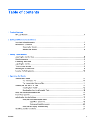 Page 5Table of contents
1  Product Features
HP LCD Monitors ................................................................................................................................. 1
2  Safety and Maintenance Guidelines
Important Safety Information ................................................................................................................ 3
Maintenance Guidelines ..........................................................................................................................