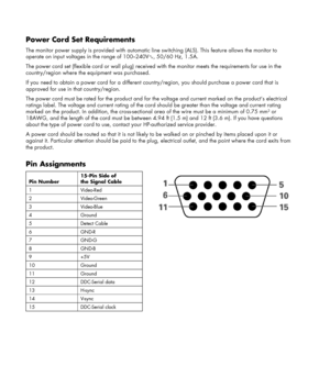 Page 22 
 
Power Cord Set Requirements 
The monitor power supply is provided with automatic line switching (ALS). This feature allows the monitor to 
operate on input voltages in the range of 100–240V, 50/60 Hz, 1.5A. 
The power cord set (flexible cord or wall plug) received with the monitor meets the requirements for use in the 
country/region where the equipment was purchased. 
If you need to obtain a power cord for a different country/region, you should purchase a power cord that is 
approved for use in...