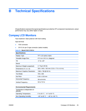 Page 31B Technical Specifications All specifications represent the typical specifications provided by HPs component manufacturers; actual performance may vary either higher or lower. Compaq LCD Monitors  
Face treatment: Glare polarizer with hard coating Input terminal: VGA connector ● DVI-D 24–pin D-type connector (select models) ● Table B-1 Model S1921\S1921d Specifications: Display Type: TFT LCD active matrix Viewable Image Size: 47.0 cm (18.5 in.) diagonal Tilt –5° to +20° Swivel Maximum Weight (unpacked):...