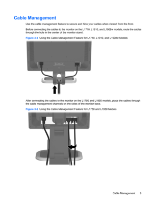 Page 15Cable Management
Use the cable management feature to secure and hide your cables when viewed from the front.
Before connecting the cables to the monitor on the L1710, L1910, and L1908w models, route the cables
through the hole in the center of the monitor stand.
Figure 3-5  Using the Cable Management Feature for L1710, L1910, and L1908w Models
After connecting the cables to the monitor on the L1750 and L1950 models, place the cables through
the cable management channels on the sides of the monitor base....