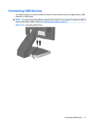 Page 21Connecting USB Devices
Two USB connectors (on select models) are used to connect devices such as a digital camera, USB
keyboard, or USB mouse.
NOTE:You must connect the USB hub cable from the monitor to the computer to enable the USB 2.0
ports on the monitor. Refer to Step 4 in 
Connecting the Cables on page 10.
Figure 3-14  Connecting USB Devices
Connecting USB Devices 15
 