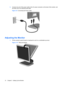 Page 185.Connect one end of the power cable to the AC power connector on the back of the monitor, and
the other end to an electrical wall outlet.
Figure 3-9  Connecting the Power Cable
Adjusting the Monitor
1.Tilt the monitors panel forward or backward to set it to a comfortable eye level.
Figure 3-10  Tilting the Monitor
12 Chapter 3   Setting Up the Monitor
 