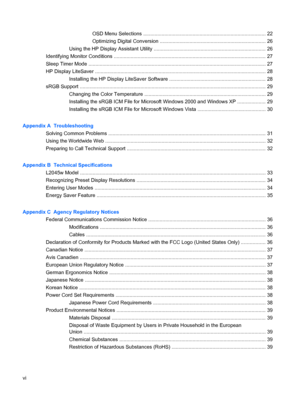 Page 6OSD Menu Selections ....................................................................................... 22
Optimizing Digital Conversion ........................................................................... 26
Using the HP Display Assistant Utility ............................................................................... 26
Identifying Monitor Conditions ............................................................................................................ 27
Sleep Timer Mode...