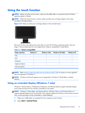 Page 23Using the touch function
NOTE:Before using the touch function, make sure the USB cable is connected and the Windows
operating system is started.
NOTE:When the touch function is active, make sure there are no foreign objects in the areas
encircled in the figure below.
Figure 3-2  Make sure there are no foreign objects in the encircled areas
The touch function may replace the mouse after you start the Windows operating system. Use your
finger or the provided stylus for touch applications. Gesture...