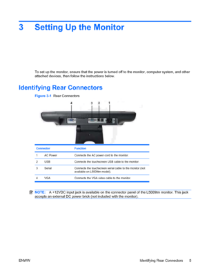 Page 113 Setting Up the Monitor
To set up the monitor, ensure that the power is turned off to the monitor, computer system, and other
attached devices, then follow the instructions below.
Identifying Rear Connectors
Figure 3-1  Rear Connectors
Connector Function
1AC PowerConnects the AC power cord to the monitor.
2USBConnects the touchscreen USB cable to the monitor.
3SerialConnects the touchscreen serial cable to the monitor (not
available on L5009tm model).
4 VGA Connects the VGA video cable to the monitor....
