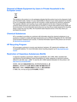 Page 49Disposal of Waste Equipment by Users in Private Household in the
European Union
This symbol on the product or on its packaging indicates that this product must not be disposed of with
your household waste. Instead, it is your responsibility to dispose of your waste equipment by handing
it over to a designated collection point for the recycling or waste electrical and electronic equipment.
The separate collection and recycling of your waste equipment at the time of disposal will help to
conserve natural...