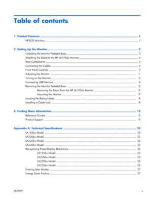 Page 5Table of contents
1  Product Features ............................................................................................................... 1
HP LCD Monitors ..................................................................................................................... 1
2  Setting Up the Monitor ...................................................................................................... 3
Unfolding the Monitor Pedestal Base...