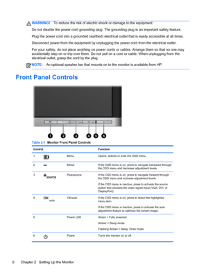 Page 12WARNING!To reduce the risk of electric shock or damage to the equipment:
Do not disable the power cord grounding plug. The grounding plug is an important safety feature.
Plug the power cord into a grounded (earthed) electrical outlet that is easily accessible at all times.
Disconnect power from the equipment by unplugging the power cord from the electrical outlet.
For your safety, do not place anything on power cords or cables. Arrange them so that no one may
accidentally step on or trip over them. Do...