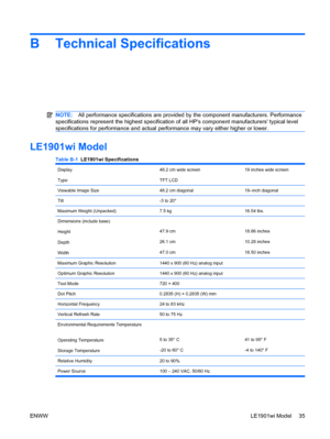 Page 43B Technical Specifications
NOTE:All performance specifications are provided by the component manufacturers. Performance
specifications represent the highest specification of all HPs component manufacturers typical level
specifications for performance and actual performance may vary either higher or lower.
LE1901wi Model
Table B-1  LE1901wi Specifications
Display
Type48.2 cm wide screen
TFT LCD19 inches wide screen
Viewable Image Size48.2 cm diagonal19–inch diagonal
Tilt-3 to 20°
Maximum Weight...