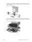 Page 215.Connect the Thin Client power cable and peripheral device cables, such as keyboard and mouse
cables, to the rear of the computer (1), then plug the computer and monitor power cables into an
electrical wall outlet (2).
Figure 3-15  Connecting the Cables
6.Slide the power supply tray out from the base of the stand (1) and place the Thin Client power
supply into the tray (2). Route any loose cables through the cables guides on the sides of the tray
(3).
Figure 3-16  Installing the Power Supply
ENWW...