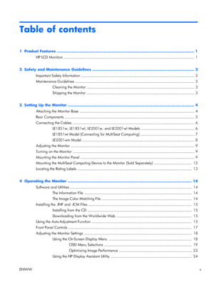 Page 5Table of contents
1  Product Features ............................................................................................................... 1
HP LCD Monitors ..................................................................................................................... 1
2  Safety and Maintenance Guidelines .................................................................................. 2
Important Safety Information...