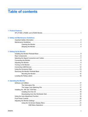 Page 5Table of contents
1  Product Features
HP LP1965, LP2065, and LP2465 Models ........................................................................................... 1
2  Safety and Maintenance Guidelines
Important Safety Information ................................................................................................................ 3
Maintenance Guidelines ....................................................................................................................... 4
Cleaning the...