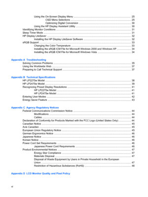 Page 6
Using the On-Screen Display Menu ..................................................................................  25OSD Menu Selections ....................................................................................... 25
Optimizing Digital Conversion ........................................................................... 30
Using the HP Display Assistant Utilit y ................................................................... ............ 30
Identifying Monitor Conditions...