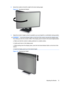 Page 192.Swivel the monitor to the left or right for the best viewing angle.
Figure 3-7  Swiveling the Monitor
3.Adjust the monitors height so that it is parallel to your eye height for a comfortable viewing position.
WARNING!A lock-down/release button on the front of the column prevents the display panel
from sliding up when the monitor is lifted. If the display panel is locked in the lowest height position:
a. Make sure that the monitor is safely positioned on a stable surface.
b. Gently push down on the...