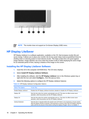 Page 24
NOTEThe monitor does not support an On-Screen Display (OSD) menu.
HP Display LiteSaver
HP Display LiteSaver is a software application, av ailable on the CD, that increases monitor life and
saves energy. It allows you to place your monitor into its low power sleep mode at predefined times by
shutting down or reducing power to  most internal circuits. This helps protect the LCD panel against
image retention. Image retention can occur when the monitor is left on while displaying the same image
for an...