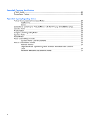 Page 6
Appendix B  Technical Specifications
LP3065 Model .................................................................................................................. .................. 22
Energy Saver Feature .......................................................................................................... .............. 23
Appendix C  Agency Regulatory Notices Federal Communications Commission Notice ......................................................................................