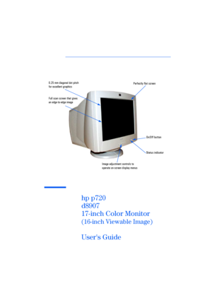 Page 3hp p720
d8907
17-inch Color Monitor
(16-inch Viewable Image)
User's Guide
0.25 mm diagonal dot pitch 
for excellent graphicsPerfectly flat screen
Image adjustment controls to 
operate on-screen display menusStatus indicator Full scan screen that gives 
an edge-to-edge image
On/Off button
3ownloadedOfromOManualMonitorZcomOManuals 