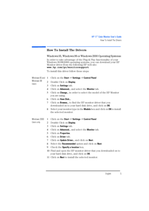 Page 7EnglishEnglish5
HP 17” Color Monitor User’s Guide
How To Install The Drivers
How To Install The Drivers
Windows 95, Windows 98 or Windows 2000 Operating Systems:
In order to take advantage of the Plug & Play functionality of your 
Windows 95/98/2000 operating systems, you can download your HP 
Monitor driver from the following HP web site:
www.hp.com/go/monitorsupport
To install this driver follow these steps:
Windows 95 and 
Windows 98 
Users
1 Click on the Start  Settings  Control Panel
2 Double...