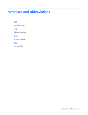 Page 34  
Acronyms and abbreviations  34 
Acronyms and abbreviations 
CRT 
cathode-ray tube  
LED 
light-emitting diode  
OSD 
on-screen display  
RGB 
red green blue 
 