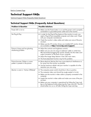 Page 17
 
Back to Contents Page
Technical Support FAQs 
Technical Support FAQs (Frequently Asked Questions)  
 
Technical Support FAQs (Frequently Asked Questions) 
Problem & Question Possible Solutions 
Power LED is not on • Make sure the Power button is on  and the power cord is properly 
connected to a grounded power  outlet and to the monitor. 
No Plug & Play • In order for the Plug & Play feature of the monitor to work, you 
need a Plug & Play compatible computer and video card. Check 
with your computer...