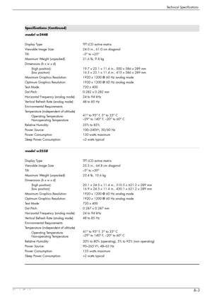 Page 57Technical Specifications
User’s GuideB–3
model w2448
Display Type:
Viewable Image Size:
Tilt:
Maximum Weight (unpacked):
Dimensions (h x w x d)
(high position):
(low position):
Maximum Graphics Resolution:
Optimum Graphics Resolution:
Te x t  M o d e :
Dot Pitch:
Horizontal Frequency (analog mode):
Vertical Refresh Rate (analog mode):
Environmental Requirements
Temperature (independent of altitude)
Operating Temperature:
Non-operating Temperature
Relative Humidity:
Power Source:
Power Consumption:
Sleep...