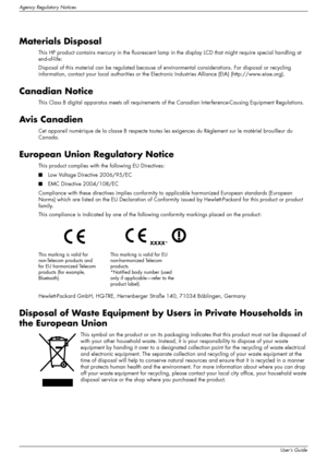 Page 54
Agency Regulatory Notices
C–2User’s Guide
Materials Disposal
This HP product contains mercury in the fluorescent lamp in the display LCD that might require special handling at 
end-of-life:
Disposal of this material can be regulated because of  environmental considerations. For disposal or recycling 
information, contact your local authorities or the Elec tronic Industries Alliance (EIA) (http://www.eiae.org).
Canadian Notice
This Class B digital apparatus meets all requirements of the Canadian...