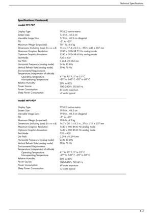 Page 43
Technical Specifications
User’s GuideB–3
model FP1707 
Display Type:
Screen Size:
Viewable Image Size:
Tilt:
Maximum Weight (unpacked):
Dimensions (including base) (h x w x d):
Maximum Graphics Resolution:
Optimum Graphics Resolution:
Te x t  M o d e :
Dot Pitch:
Horizontal Frequency (analog mode):
Vertical Refresh Rate (analog mode):
Environmental Requirements
Temperature (independent of altitude)
Operating Temperature:
Non-operating Temperature:
Relative Humidity:
Power Source:
Power Consumption:...