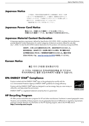 Page 55
Agency Regulatory Notices
User’s GuideC–3
Japanese Notice
Japanese Power Cord Notice
Japanese Material Content Declaration
A Japanese regulatory requirement, defined by Specification JIS-C-0950, 2005, mandates that manufacturers 
provide Material Content Declarations for certain catego ries of electronic products offered for sale after 
July 1, 2006. To view the JIS-C-0950 material declarat ion for this product, visit www.hp.com/go/jisc0950.
Korean Notice
EPA ENERGY STAR
® Compliance
Products marked...