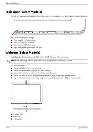 Page 34Operating the Monitor
4–10User’s Guide
Task Light (Select Models)
The task light sheds warm white light in front of the monitor. It is located just to the left of the OSD front panel buttons.
Press the button to operate the light:
■Press once for 100% illumination
■Press again for 75% illumination
■Press again for 35% illumination
■Press a fourth time to turn off the task light
Webcam (Select Models)
Install CyberLink YouCam software and driver from the CD that came with your monitor.
Use your webcam...