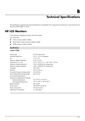 Page 55User’s GuideB–1
B
Technical Specifications
All specifications represent the typical specifications provided by HP’s component manufacturers; actual performance 
may vary either higher or lower.
HP LCD Monitors
Face treatment: Antiglare polarizer with hard coating
Input Terminals:
■VGA connector (select models)
■DVI-D 24-pin D-type connector (select models)
■HDMI connector (select models)
Specifications
model w1858
Display Type:
Viewable Image Size:
Tilt:
Maximum Weight (unpacked):
Dimensions (h x w x...