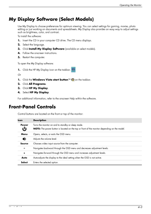 Page 27Operating the Monitor
User’s Guide4–3
My Display Software (Select Models)
Use My Display to choose preferences for optimum viewing. You can select settings for gaming, movies, photo 
editing or just working on documents and spreadsheets. My Display also provides an easy way to adjust settings 
such as brightness, color, and contrast.
To install the software:
1.Insert the CD in your computer CD drive. The CD menu displays.
2.Select the language.
3.Click Install My Display Software (available on select...