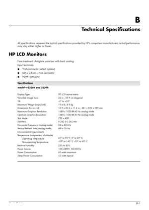 Page 51User’s GuideB–1
B
Technical Specifications
All specifications represent the typical specifications provided by HP’s component manufacturers; actual performance 
may vary either higher or lower.
HP LCD Monitors
Face treatment: Antiglare polarizer with hard coating
Input Terminals:
■VGA connector (select models)
■DVI-D 24-pin D-type connector
■HDMI connector
Specifications
model w2228h and 2229h
Display Type:
Viewable Image Size:
Tilt:
Maximum Weight (unpacked):
Dimensions (h x w x d):
Maximum Graphics...