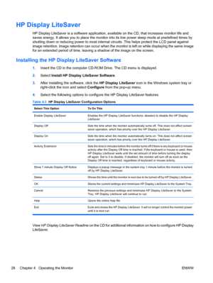 Page 36
HP Display LiteSaver
HP Display LiteSaver is a software application, available on the CD, that increases monitor life and
saves energy. It allows you to place the monitor into its low power sleep mode at predefined times by
shutting down or reducing power to  most internal circuits. This helps protect the LCD panel against
image retention. Image retention can occur when the monitor is left on while displaying the same image
for an extended period of time, leaving a shadow of the image on the screen....