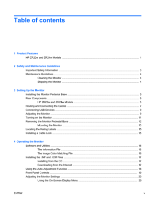 Page 5
Table of contents
1  Product FeaturesHP ZR22w and ZR24w Models ..................................................................................................... ....... 1
2  Safety and Maintenance Guidelines Important Safety Information .................................................................................................. .............. 3
Maintenance Guidelines ........................................................................................................ ............... 4...