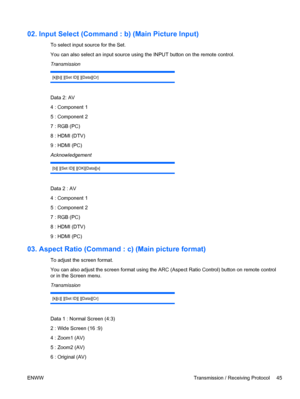 Page 5302. Input Select (Command : b) (Main Picture Input)
To select input source for the Set.
You can also select an input source using the INPUT button on the remote control.
Transmission
[k][b][ ][Set ID][ ][Data][Cr]
Data 2: AV
4 : Component 1
5 : Component 2
7 : RGB (PC)
8 : HDMI (DTV)
9 : HDMI (PC)
Acknowledgement
[b][ ][Set ID][ ][OK][Data][x]
Data 2 : AV
4 : Component 1
5 : Component 2
7 : RGB (PC)
8 : HDMI (DTV)
9 : HDMI (PC)
03. Aspect Ratio (Command : c) (Main picture format)
To adjust the screen...