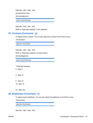 Page 55Data Min : 00H ~ Max : 64H
(Hexadecimal code)
Acknowledgement
[f][ ][Set ID][ ][OK][Data][x]
Data Min : 00H ~ Max : 64H
Refer to “Real data mapping” in this appendix.
07. Contrast (Command : g)
To adjust screen contrast. You can also adjust the contrast in the Picture menu.
Transmission
[k][g][ ][Set ID][ ][Data][Cr]
Data Min : 00H ~ Max : 64H
Refer to “Real data mapping” as shown below.
Acknowledgement
[g][ ][Set ID][ ][OK][Data][x]
* Real data mapping
0 : Step 0
:
A : Step 10
:
F : Step 15
10 : Step...