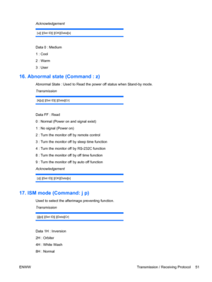 Page 59Acknowledgement
[u][ ][Set ID][ ][OK][Data][x]
Data 0 : Medium
1 : Cool
2 : Warm
3 : User
16. Abnormal state (Command : z)
Abnormal State : Used to Read the power off status when Stand-by mode.
Transmission
[k][z][ ][Set ID][ ][Data][Cr]
Data FF : Read
0 : Normal (Power on and signal exist)
1 : No signal (Power on)
2 : Turn the monitor off by remote control
3 : Turn the monitor off by sleep time function
4 : Turn the monitor off by RS-232C function
8 : Turn the monitor off by off time function
9 : Turn...