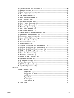 Page 713. Remote Lock /Key Lock (Command : m) ..................................................................... 49
14. Balance (Command : t) ................................................................................................ 50
15. Color Temperature (Command : u)v ............................................................................ 50
16. Abnormal state (Command : z) .................................................................................... 51
17. ISM mode (Command: j p)...