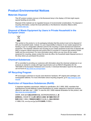 Page 77Product Environmental Notices
Materials Disposal
This HP product contains mercury in the fluorescent lamp in the display LCD that might require
special handling at end-of-life.
Disposal of this material can be regulated because of environmental considerations. For disposal or
recycling information, contact the local authorities or the Electronic Industries Alliance (EIA)
http://www.eiae.org.
Disposal of Waste Equipment by Users in Private Household in the
European Union
This symbol on the product or on...