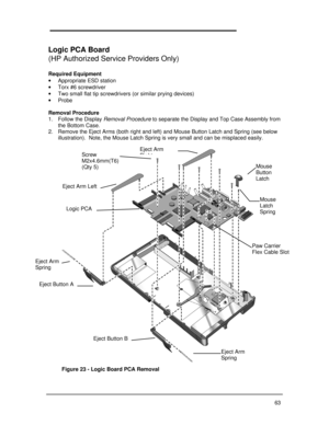 Page 6963Logic PCA Board
(HP Authorized Service Providers Only)
Required Equipment
· Appropriate ESD station
· Torx #6 screwdriver
· Two small flat tip screwdrivers (or similar prying devices)
· Probe
Removal Procedure
1. Follow the Display Removal Procedure to separate the Display and Top Case Assembly from
the Bottom Case.
2. Remove the Eject Arms (both right and left) and Mouse Button Latch and Spring (see below
illustration).  Note, the Mouse Latch Spring is very small and can be misplaced easily.
 
 Figure...