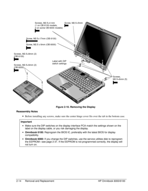 Page 362-14 Removal and Replacement HP Omnibook 6000/6100
 
     
 Figure 2-10. Removing the Display
Reassembly Notes
 · Before installing any screws, make sure the center hinge cover fits over the tab in the bottom case.
 
Important
 ·  Make sure the DIP switches on the display interface PCA match the settings shown on the
label on the display cable, or you risk damaging the display.
 · Omnibook 6100: Reprogram the BIOS IC, preferably with the latest BIOS for display
compatibility.
 · Omnibook 6000: If you...