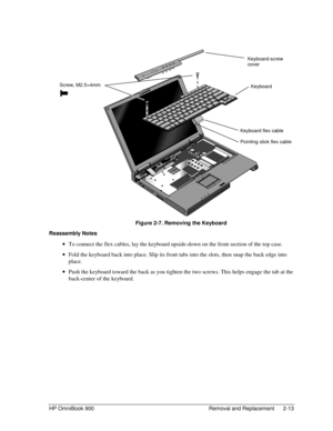 Page 33HP OmniBook 900 Removal and Replacement 2-13
 
 
 Figure 2-7. Removing the Keyboard
Reassembly Notes
 · To connect the flex cables, lay the keyboard upside-down on the front section of the top case.
 · Fold the keyboard back into place. Slip its front tabs into the slots, then snap the back edge into
place.
 · Push the keyboard toward the back as you tighten the two screws. This helps engage the tab at the
back-center of the keyboard.
Keyboard
Keyboard-screw
cover
Screw, M2.5×4mm
Keyboard flex cable...